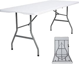Folding Table 6ft Plastic Folding Table Indoor & Outdoor for Picnic, Camping,BBQ and Party, with Powder Coated Steel Legs and Built in Carry Handle, White