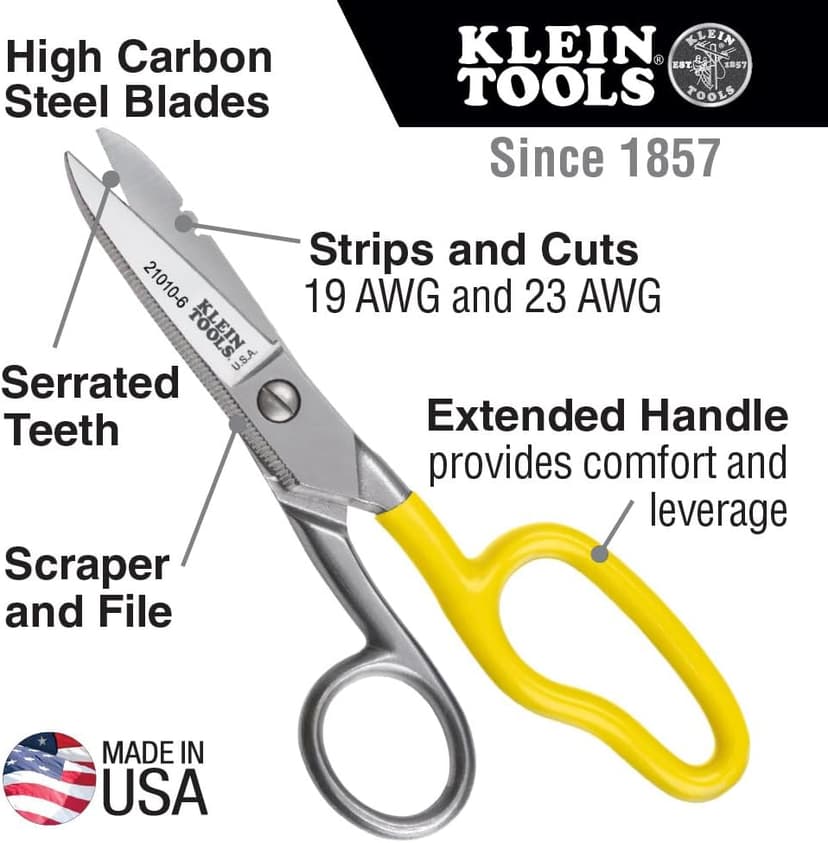Klein Tools 21010-6-SEN Free-Fall Snip, Scraper, File, Serrated Blades, Made in USA