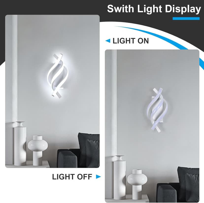 DELIPOP Wall Sconces, Spiral Modern LED Wall Sconce Lighting, 6500K Cool White Indoor Wall Light, Acrylic LED Wall Lamp for Bedroom, Bathroom, Living Room, Hallway, Balcony (White)