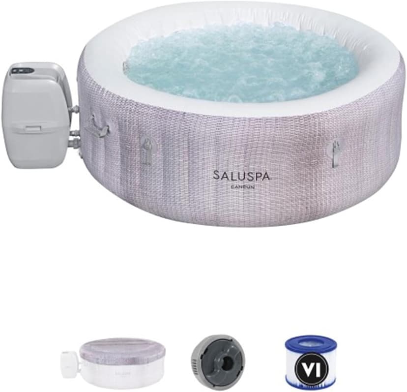 Bestway SaluSpa Cancun AirJet 2 to 4 Person Inflatable Hot Tub, 71 x 26 Inch Round Portable Outdoor Spa with 120 Soothing Jets and Cover, Gray