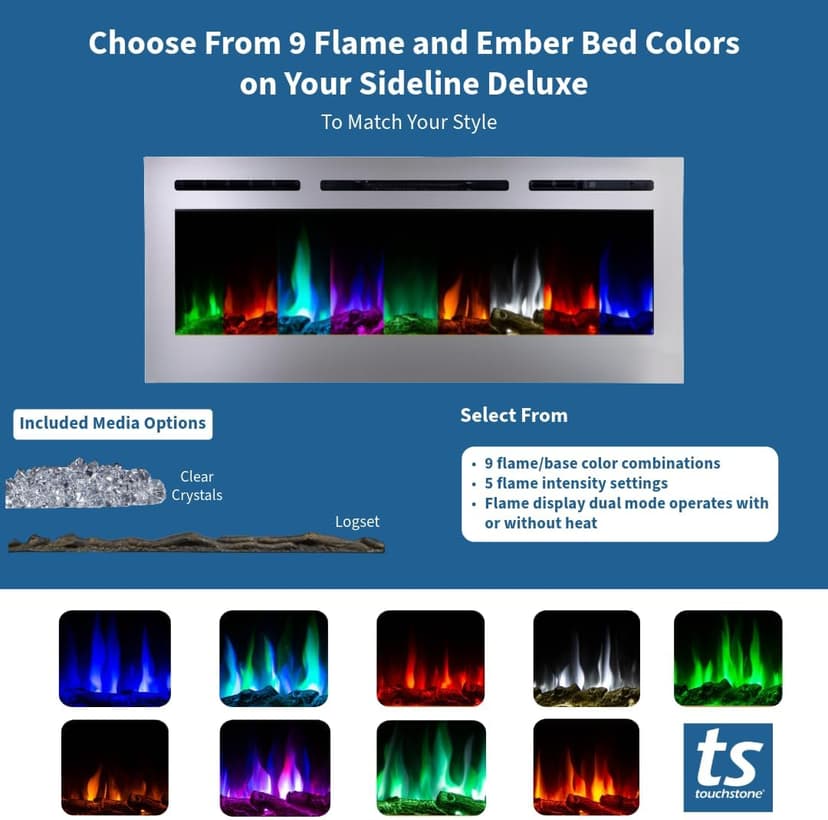 Touchstone Sideline Deluxe -Stainless Steel Smart Electric Fireplace- 50" Wide- Alexa/WiFi-Enabled- in Wall Recessed- 5 Flame Settings- 9 Flame Colors- 1,500W Heater- Log & Crystal Options- 86273