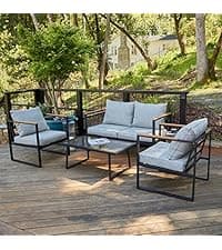 EAST OAK 4-Piece Patio Conversation Set, Waterproof Outdoor Furniture Set with Thick Cushion, Patio Furniture Set for 4, Woven Armrests Sofa and Coffee Table for Garden, Misty Grey