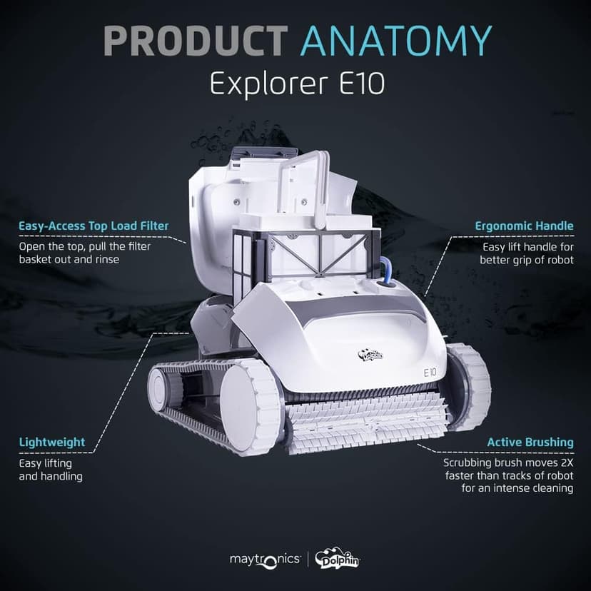 Dolphin (2024 Model) E10 Automatic Robotic Pool Vacuum Cleaner, Active Scrubber Brush, Top Load Filters Access, Ideal for Above-Ground Pools up to 30 FT in Length