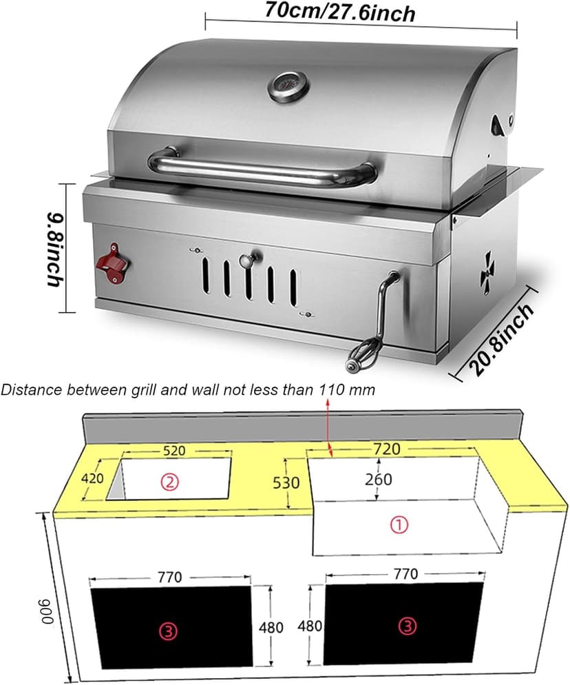 Built In Charcoal Grills Outdoor Kitchens,28-Inch Stainless Steel Charcoal bbq Grill Built In with Liftable Charcoal Tray,Insulated Hood, Temperature Gauge and Rain Fabric cover (Round Lid)