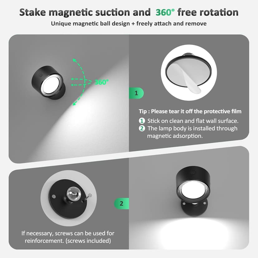 LED Wall Mounted Lights 2 Pcs with Remote, Wall Sconces Lamp 3000mAh Rechargeable Battery Operated, 3 Color Temperatures & Dimmable Magnetic 360° Rotation Cordless Light for Bedroom Bedside