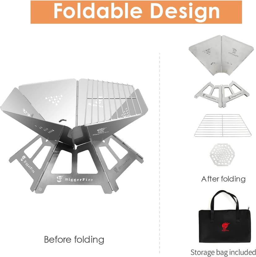 Foldable Portable Fire Pit,Stainless Steel Fire Pits with Charcoal Grill Net and Storage Bag,Camping Fire Pit Grill for Patio Outdoor Barbecue Campfire Bonfire