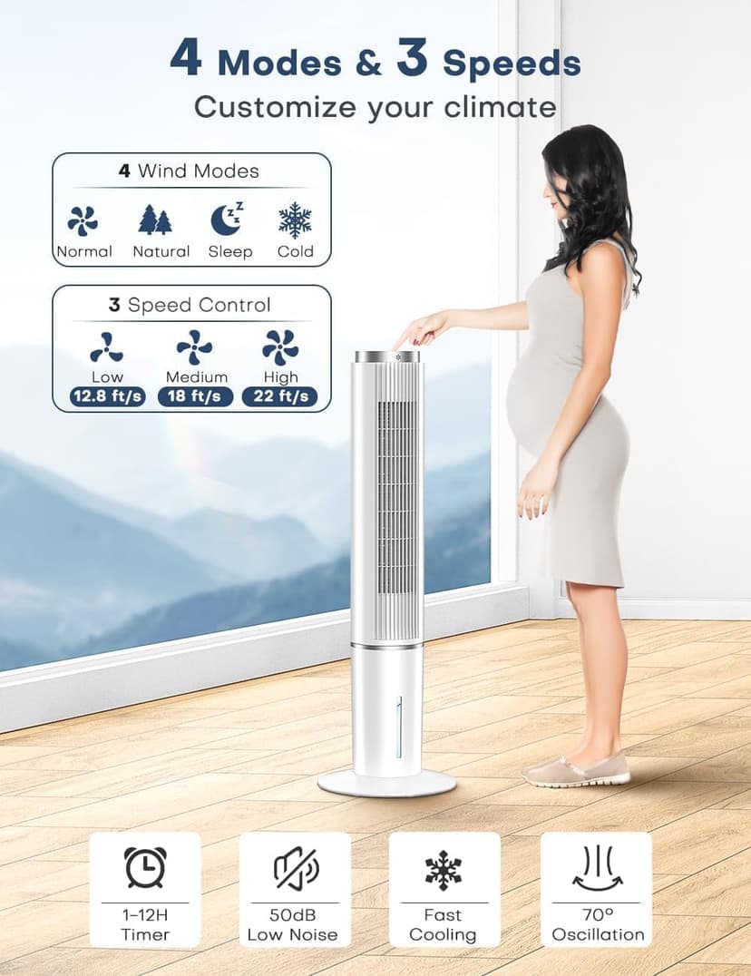 42 INCH Portable Air Conditioners w/LED Touch Screen, 4 Mode&3 Speed,1-Gal Tank for 15H Cooling Evaporative Air Cooler,12H Timer, No Hose No Window Needed, 90° Oscillating AC Unit for Bedroom