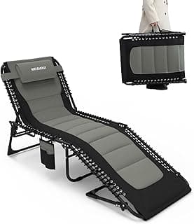 Outdoor Folding Lounge Chair Padded for Adults 330Ibs Patio Chaise Lounge Chair for Outside 5-Position Adjustable Reclining Beach Chair with Pillow Pocket