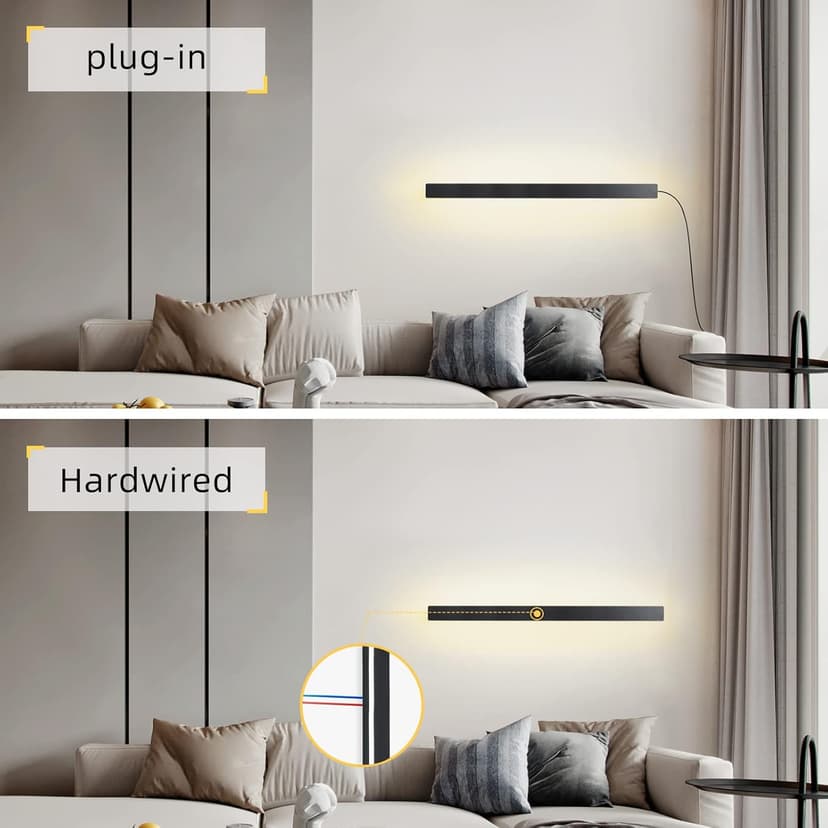 Modern Plug in Long Wall Sconce, 39" Black Matte LED Wall Lights, 20W Warm White 3000K Acrylic Indoor Wall lamp, with 59" Plug Cable for Bedroom, Living Room, Hallway
