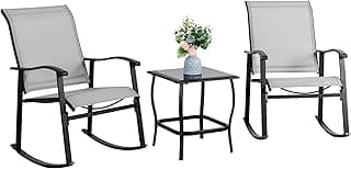 Vongrasig 3 Piece Outdoor Rocking Bistro Set, Textilene Fabric Small Patio Furniture Set, Front Porch Rocker Chairs Conversation Set with Glass Table for Lawn, Garden, Balcony, Poolside (Light Gray)