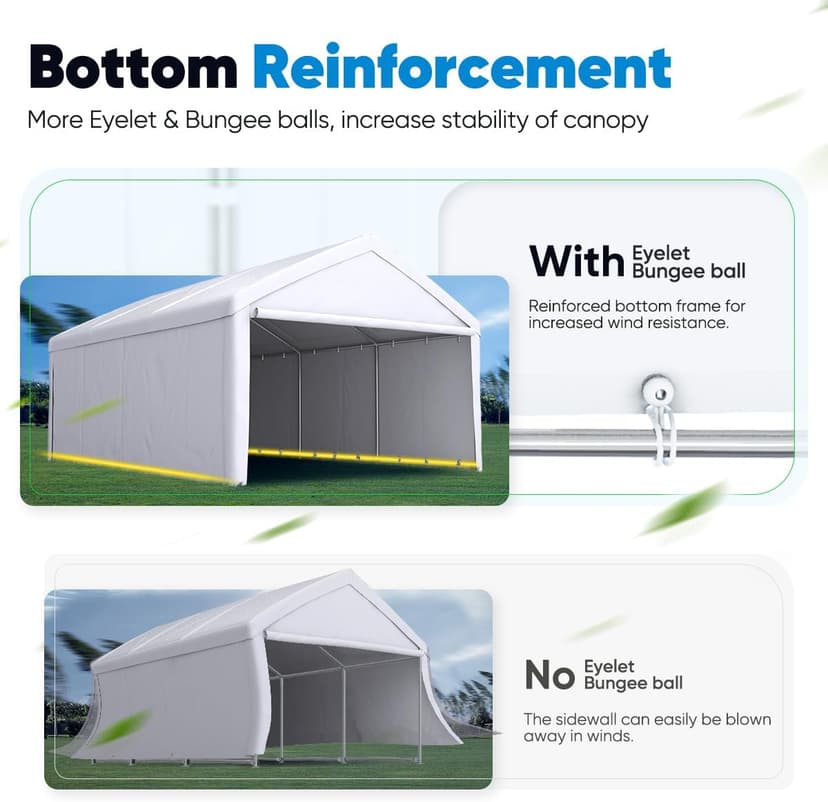 Quictent 13’x20’ Heavy Duty Carport Car Canopy Galvanized Car Boat Shelter with Removable Sidewalls, Reinforced Top Poles and Ground Bar-White