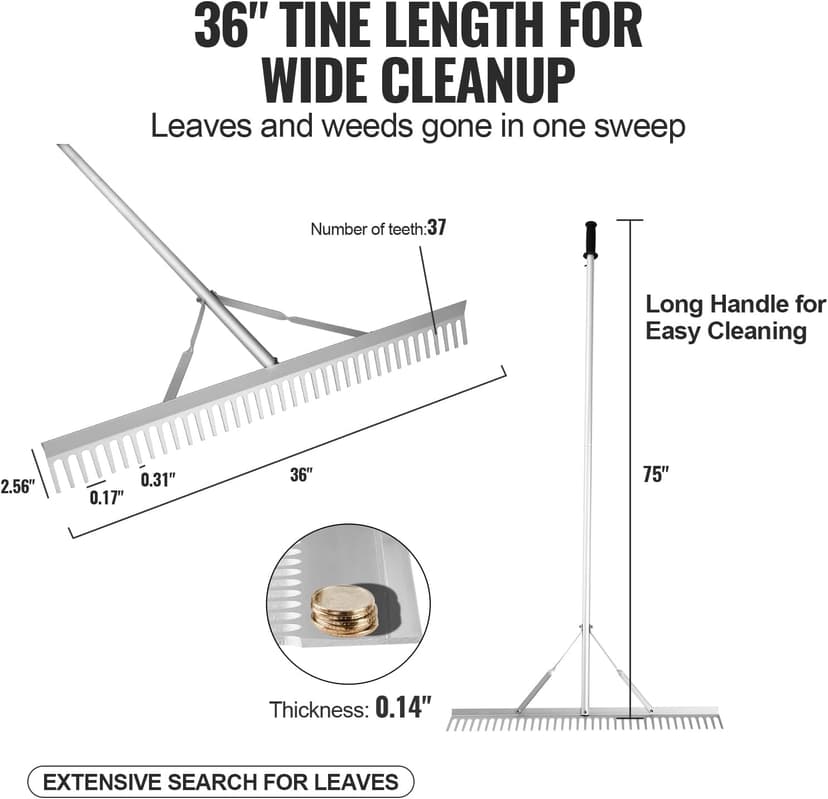 VEVOR Landscape Rake, 36" Head Aluminum Lake Weed Rake with 75" Long Handle for Loosening Soil, Lawn Care, Weeding Lake, Garden, Silver