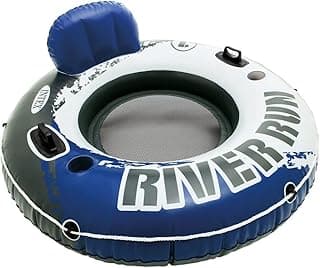 INTEX 58825EP River Run 1 Inflatable Floating Lounge: Comfortable Backrest – Built-in Cup Holders – Durable Grab Handles – All Around Grab Rope – 220lb Weight Capacity– Blue