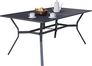 SOLAURA Outdoor Dining Table, 60" x 38" Patio Metal Steel Slat Table for 6-Person with 1.57" Umbrella Hole, for Gardens or Backyards, Black