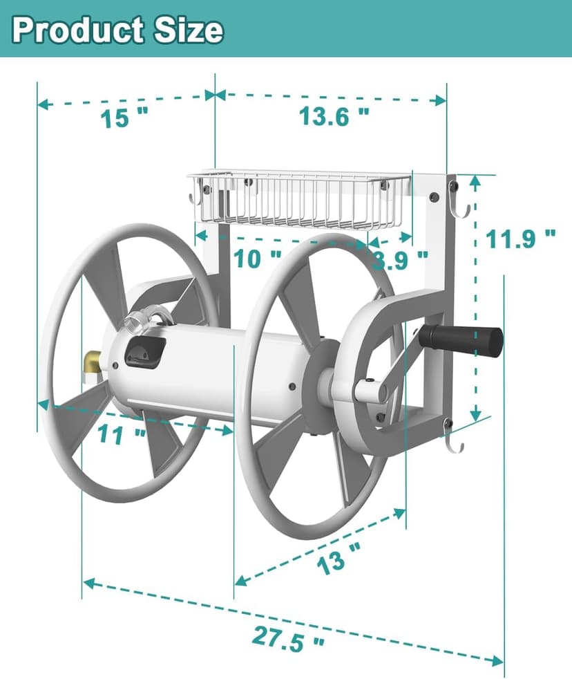 Outdoor Wall Mounted Hose Reel with Hook, Garden Heavy-Duty Water Hose Holder Winder with 3.9 ft Leader Hose, Brass Fitting and Storage Basket for Yard, Holds 125 Ft of 5/8-Inch Hose, White