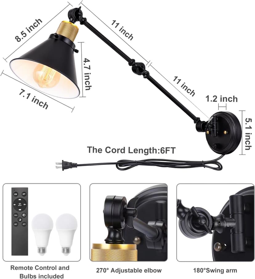 TRLIFE Dimmable Wall Sconce, Remote Control Plug in Wall Sconces Dimming 10%-100% and Adjustable Color Temperature 2700K-6000K, Swing Arm Wall Lights with Plug in Cord, UL Listed(2 Pack, 2 Bulbs)