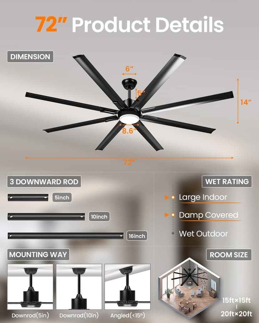 72 Inch Large Industrial Ceiling Fan with Light and Remote-8 Aluminium Blades Ceiling Fan with Energy Efficient DC Motor,Reversible Airflow-Ideal for Living Room,Patio,Garage,and Commercial Spaces