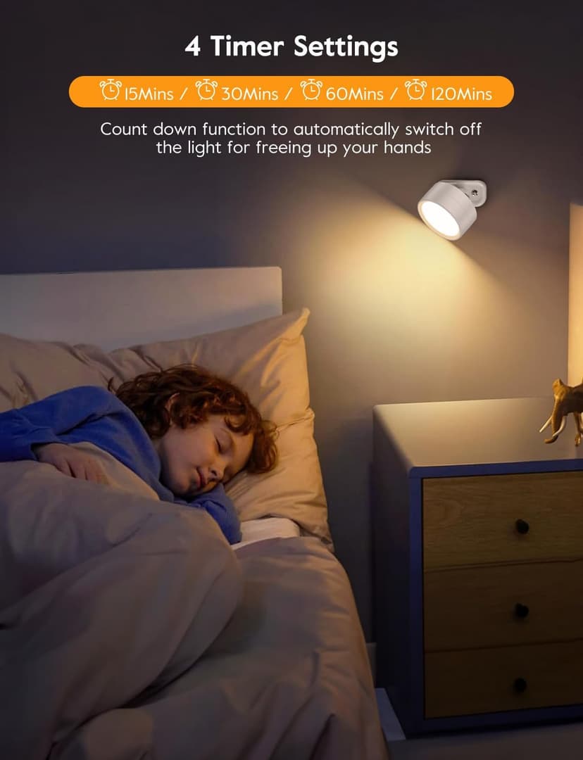 Brightown LED Magnetic Wall Sconce Lights, 2 Pack USB Rechargeable Wall Mounted Lights with Remote, 3 Lighting Colors and Dimmable, 360° Rotation Cordless Wall Mount Lamp for Bedroom, White