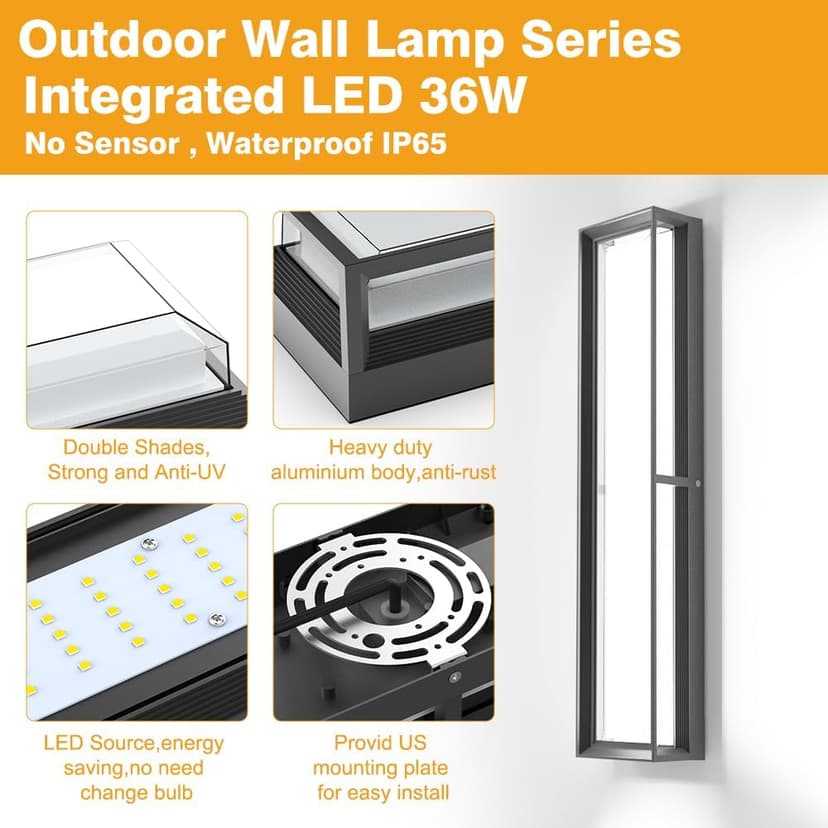 Outdoor Wall Sconce Lights,2Packs 10%-100% Dimmable LED Modern Porch & Patio Wall Light Fixture, 23.6in Black Exterior Sconce Wall Mounted Lights Suitable for Garage Courtyard House(6000K)
