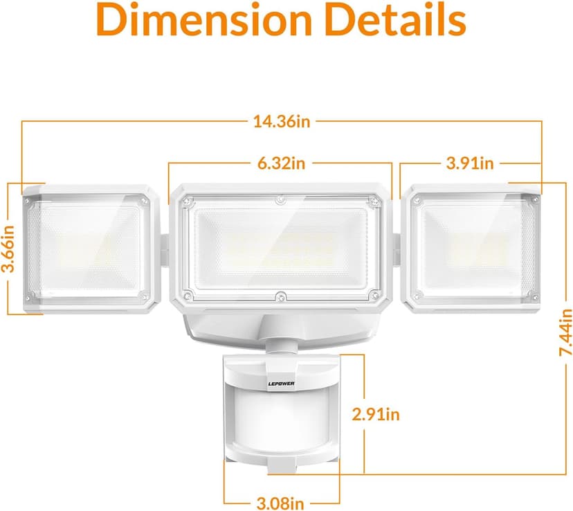 LEPOWER Battery Powered LED Flood Light Outdoor,1500LM Motion Sensor Security Lights, IP65 Waterproof,Wireless Flood Light Battery Operated,3 Head Motion Detector Light for Garage,Yard,Porch(White)