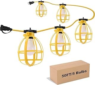 50FT Construction String Lights, 50W 5 Bulbs Work Lights with E26 Base, IP65 Waterproof, 4000LM 6500K Indoor & Outdoor Temporary Lighting for Workshop, Mine cave, Job Site