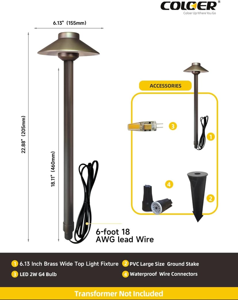 COLOER Brass Low Voltage Outdoor Path Lights 4-Pack with 2W LED G4 Bulb,12V Waterproof China Hat Pathway Lighting for Yard, Patio, Landscape, Planter, Walkway(602B)