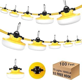 LED Construction String Light 100FT, 130W 16000Lm Industrial LED String Work Lights with 10 Bulbs, Linkable 5000K Super Bright Temporary Lighting for Construction Site, Job Site, Work Site