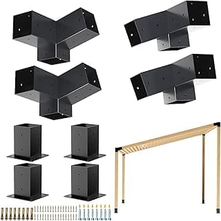 Pergola Kit, Slanted Roof Pergola Bracket, 3-Way Brackets with Post Base Kit, Log Cabin Outdoor 4"x 4" (Actual 3.5" X 3.5") Lumber