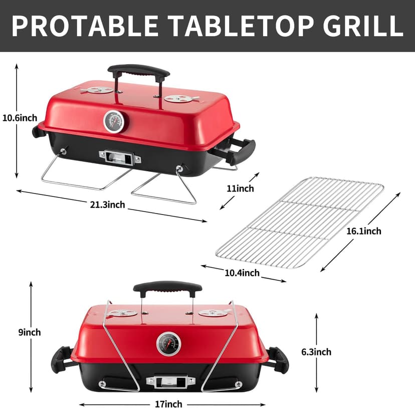 Portable Charcoal Grill, Tabletop Outdoor Barbecue Smoker, Small BBQ Grill for Outdoor Cooking Backyard Camping Picnics Beach by DNKMOR RED
