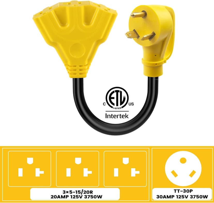 30 Amp to 110V 20 Amp RV Distribution Adapter,NEMA TT-30P Male to 3X5-15/20R Female RV Generator Adapter Cord,30 to 20Amp 125V 3-Prong to Multiple Household Outlet Adapter Cord 1.6FT