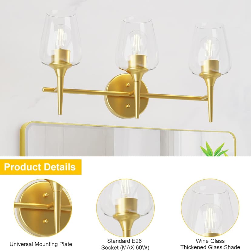 Bathroom Vanity Light Fixture, 3 Light Modern Gold Vanity Lighting fixtures, Lighting Fixtures Over Mirror, Wall Lamp with Clear Glass for Bathroom, Hallway, Bedroom with E26 Socket