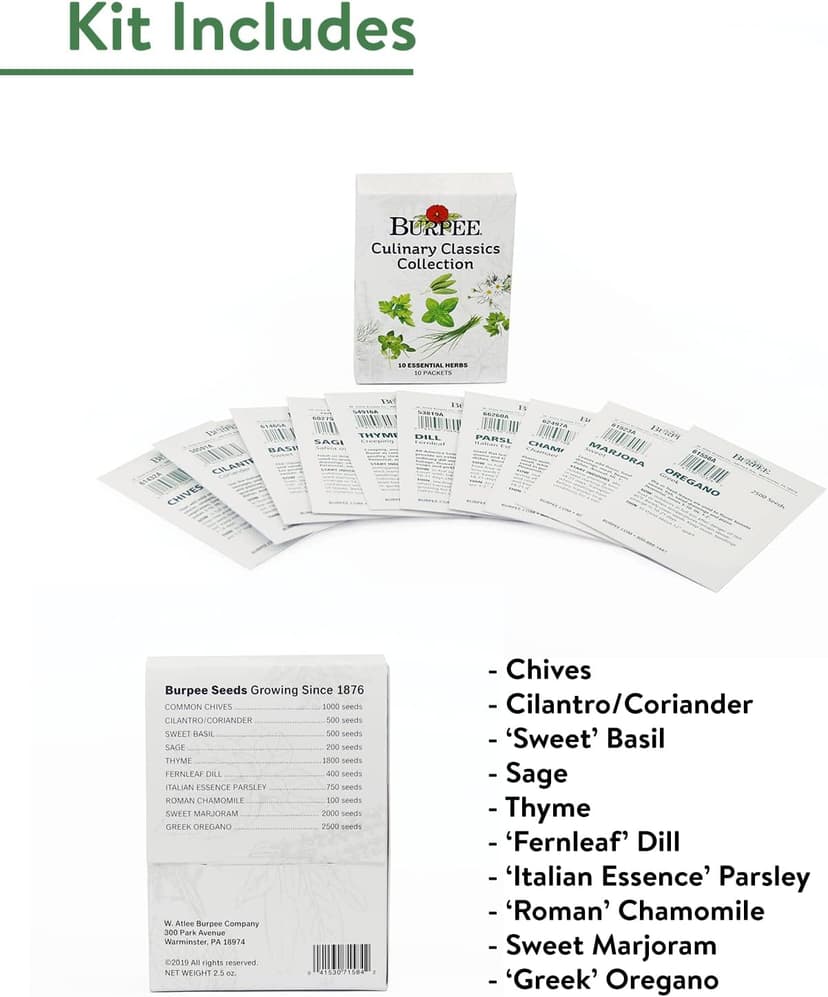 Burpee Culinary Classics Garden Collection 10 Packets of Non-GMO Chives, Cilantro, Basil, Sage, Thyme, Dill, Parsley, Chamomile, Marjoram & Oregano | Kitchen Herb Variety Pack, Seeds for Planting