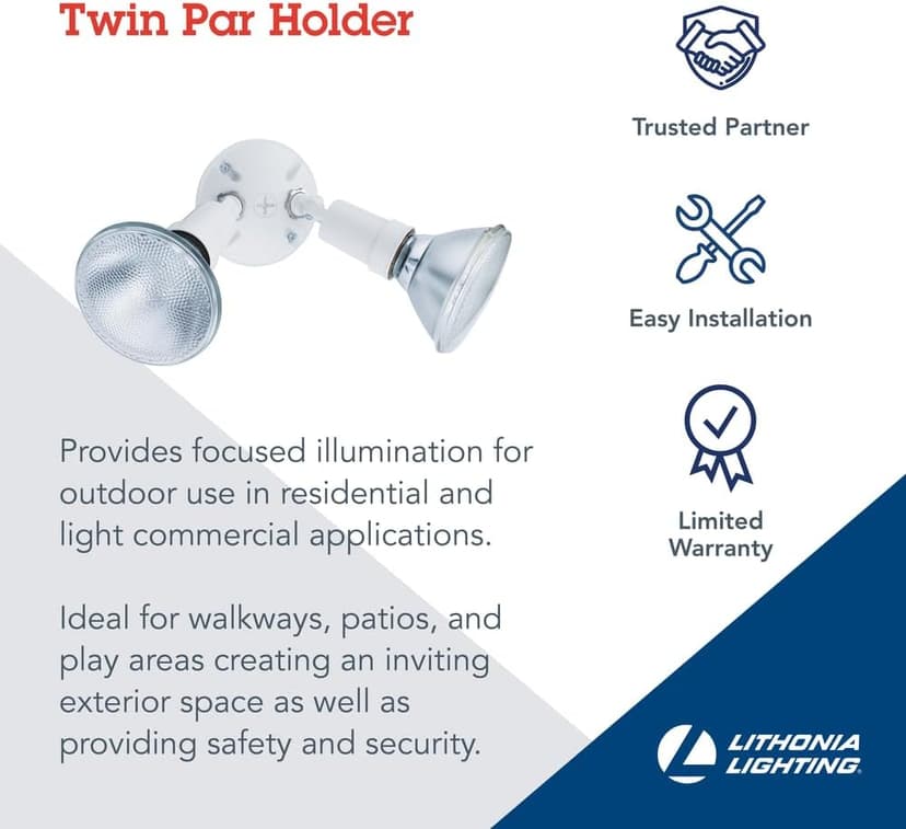 Lithonia Lighting Outdoor Flood Light Fixture, Adjustable Twin Par Flood Light Holder for Safety and Security, 120 Volts, Uses 2 Lamps Up to 150W (Not Included), White (OFTH 300PR 120 WH M12)