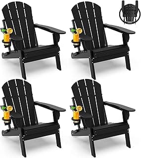 GREENVINES Folding-Adirondack-Chairs-Set-of-4 | HDPE Plastic | Fire Pit Chair | All Weather | Cup Holder | Black | for Deck Backyard Patio Outdoor Garden