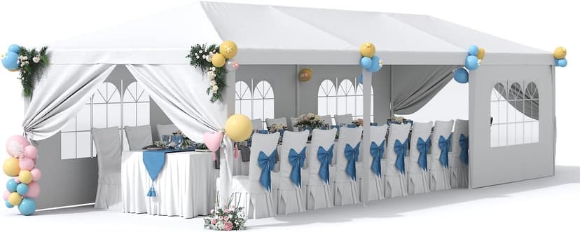 Greesum 10x30 Outdoor Canopy Tent, Patio Gazebo, for Party Wedding BBQ Events with 8 Side Removable Walls, Waterproof Canopies, White