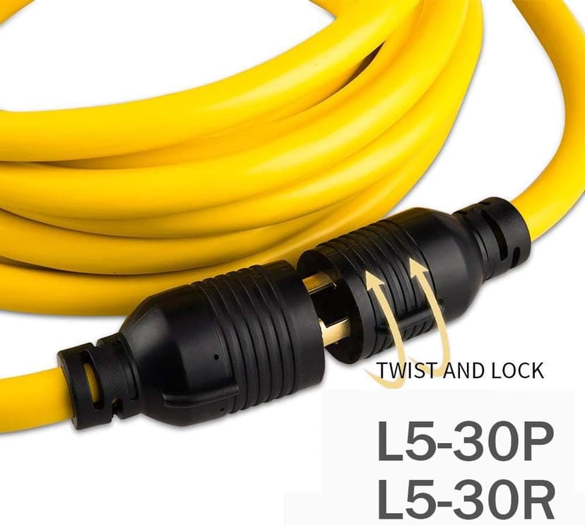 25FT Heavy Duty 3 Prong Generator Locking Power Cord NEMA L5-30P/L5-30R,10 Gauge SJTW Cable, 125V 30Amp Yellow Generator Lock Extension Cord with UL Listed
