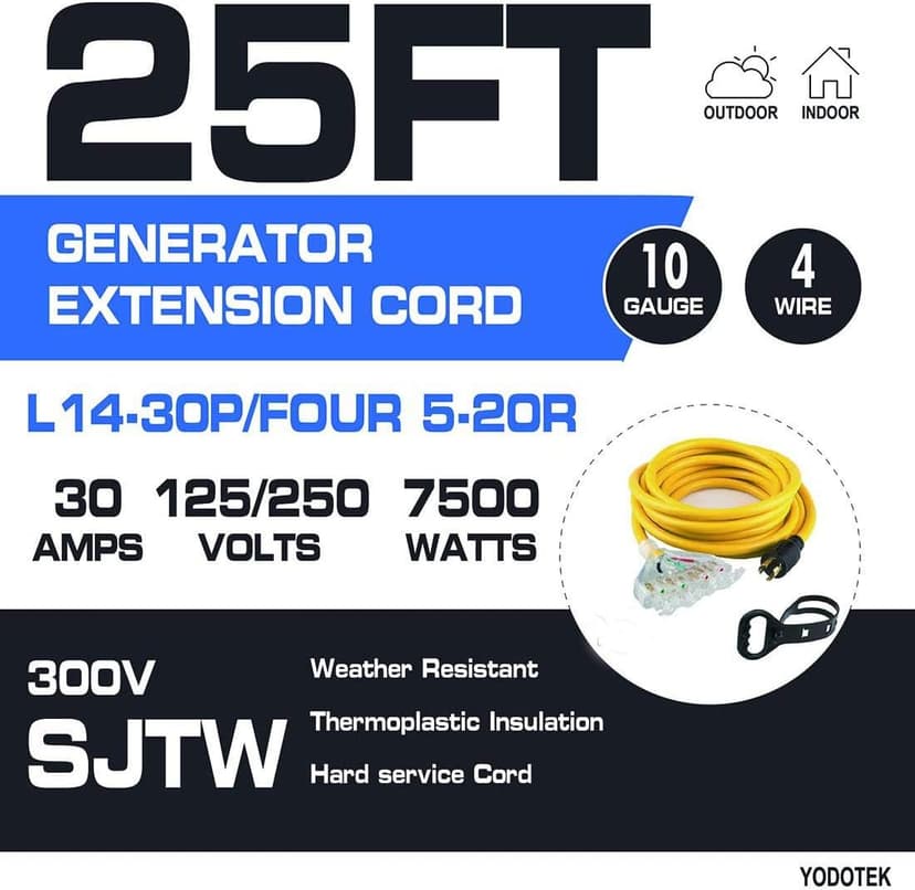 25 Feet Heavy Duty Generator Adaptor Extension Cord,Locking Cord,NEMA L14-30P/Four 5-20R, 4 Prong 10 Gauge Flexible Generator Cable,Generator Power Cord, 125/250V 30Amp 7500 Watts Yodotek