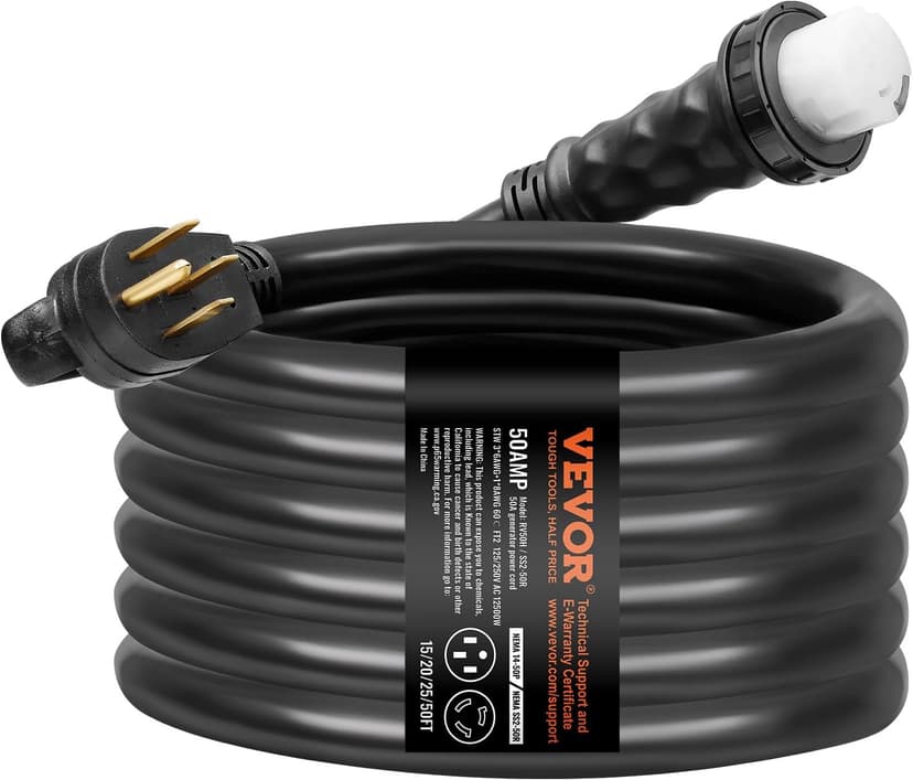 VEVOR 50 Amp Generator Cord and Power Inlet Box Kit, 25FT Generator Extension Cord NEMA 14-50P/SS2-50R STW 6/3+8/1 AWG with Twist Lock Connector, Pre-Drilled Inlet Box, ETL Listed