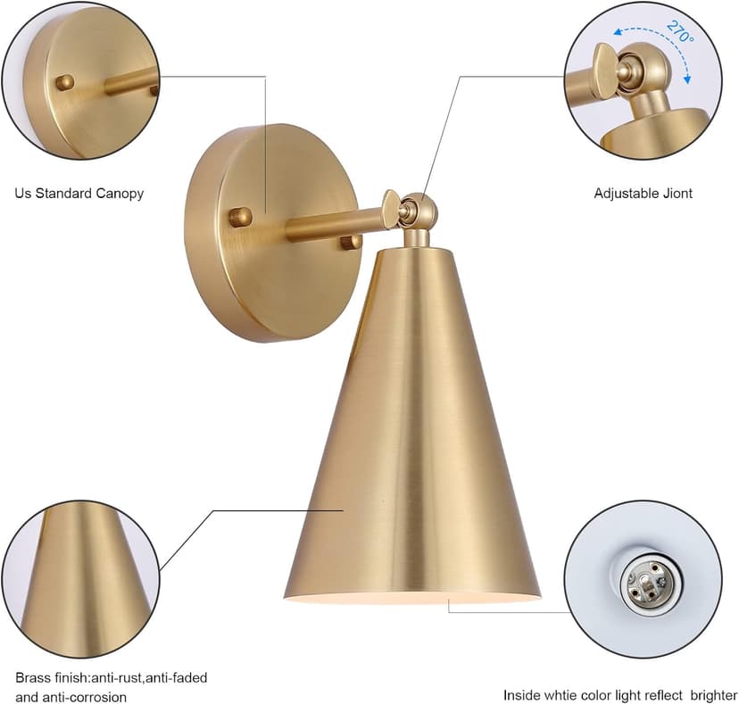 MWZ Gold Sconces Set of 2, Modern Brass Wall Sconces Lighting Fixtures with Metal Shade, Indoor Decor Wall Mount Swing Arm Lamp for Bedroom,Bedside,Kitchen,Hallway,Living Room,Reading,Bar