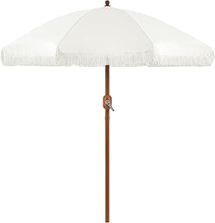 Yaheetech 7.5ft Patio Umbrella with Tassels, Fringe Portable Beach Umbrella, Umbrella Outdoor Patio with Crank Operating Mechanism, Tilting Aluminum Pole, Fiberglass Ribs For Garden, Pool, Cream