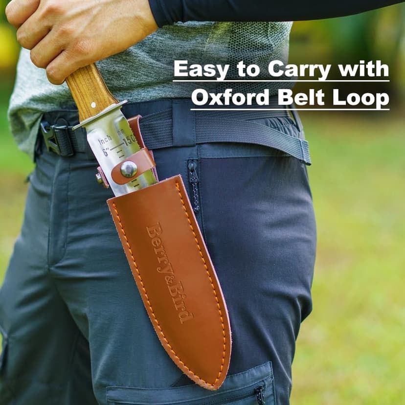 Hori Hori Garden Knife with Leather Sheath, Premium Gardening Soil Knife with 6" Stainless Steel Double Edge Sharp Blade, Japanese Gardening Tool for Weeding, Digging, Cutting & Planting