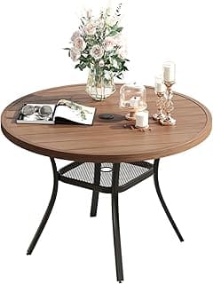 VICLLAX Metal Patio Dining Table for 4, 41.2"x 28" Walnut Wood Grain Outdoor Round Table with Adjustable Umbrella Hole for Lawn, Garden