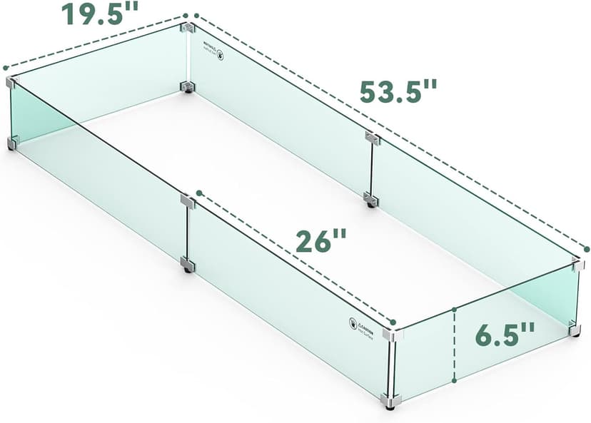 Skyflame Fire Pit Wind Guard, 53.5" x 19.5" x 6" Clear Tempered Glass Flame Guard Set with Hard Aluminum Corner Brackets and Rubber Feet, Fits for 48-inch Rectangular Fire Pit Burner Pan