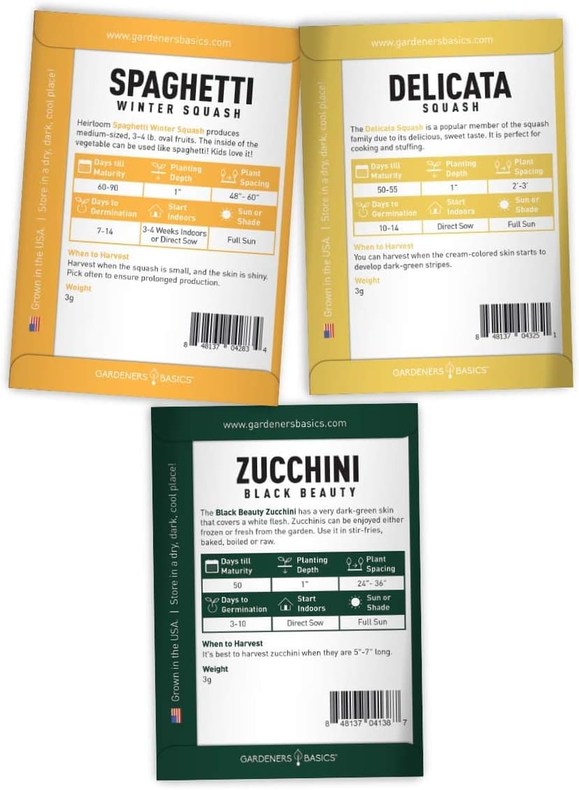 Gardeners Basics, Squash Seeds for Planting 5 Individual Packets - Zucchini, Delicata, Butternut, Spaghetti and Golden Crookneck for Your Non GMO Heirloom Vegetable Garden