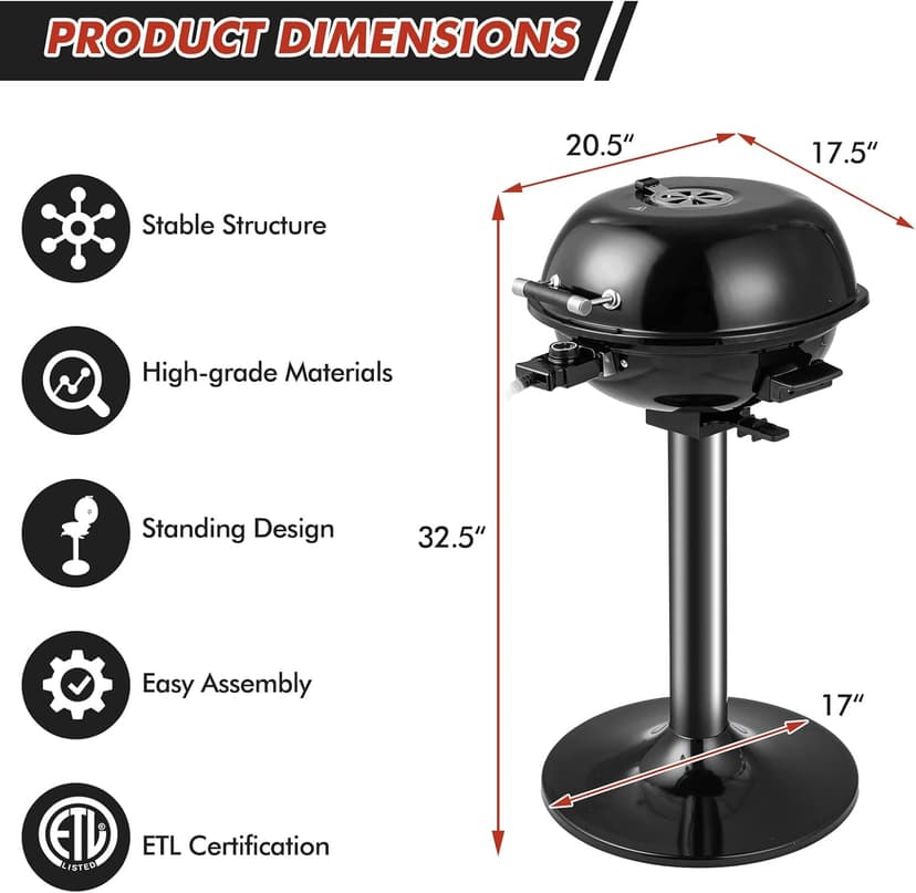 HAPPYGRILL 1600W Outdoor Electric Grill BBQ Grill for 15-Serving, Electric Barbecue Grill for Indoor & Outdoor Use, Portable Stand BBQ Grill for Patio Balcony Kitchen Garden