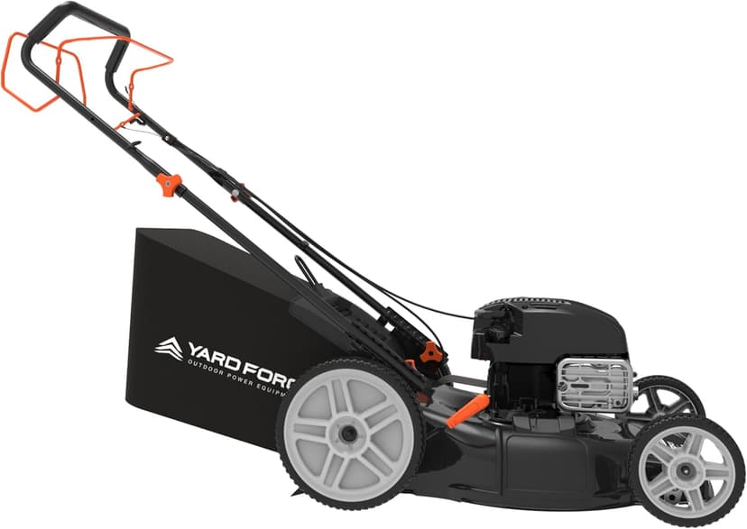 Yard Force Self Propelled Lawn Mower Briggs & Stratton 150cc Gas Engine 22-inch Steel Deck 3-in-1 Mulch, Bag, Side Discharge, 12-inch High Rear Wheels