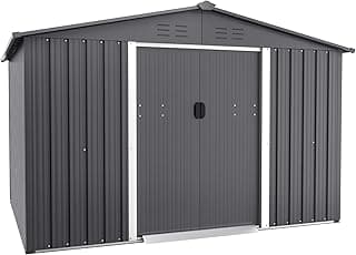 6x8 FT Outdoor Storage Shed, Metal Shed Kit with Double Doorknobs and Air Vents, Double Sloping Roof Garden Shed, Galvanized Shed with Sliding Door (Grey)