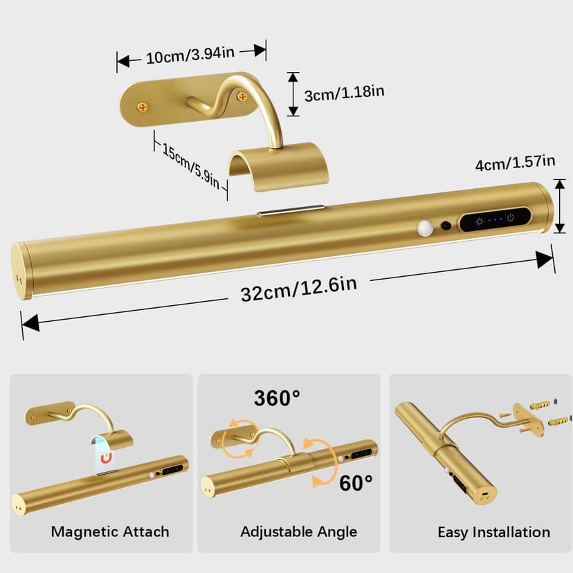 Hapfish Motion Sensor Battery Operated Wall Sconce, Wireless Picture Lights for Wall, Rechargeable Magnetic Art Lighting with Remote Control, Battery Picture Light for Poster Dartboard Mirror – Gold
