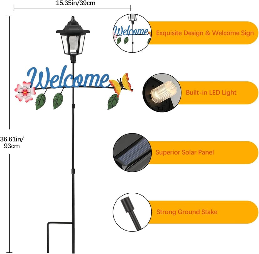 Solar Garden Lights Butterfly, 36.6 Inch Solar Lamp Post Light with Welcome Sign & Butterflies, Outdoor Waterproof Solar Stake Lights for Yard Porch Patio Pathway Gardening Gifts, 2 Pack