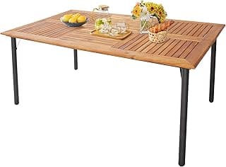 Tangkula Patio Acacia Wood Dining Table for 6 Persons, Large Rectangular Dining Table with Metal Legs, Umbrella Hole, Farmhouse Indoor Outdoor Dining Furniture for Yard Deck Lawn, 63”L x 36”W x 30”H